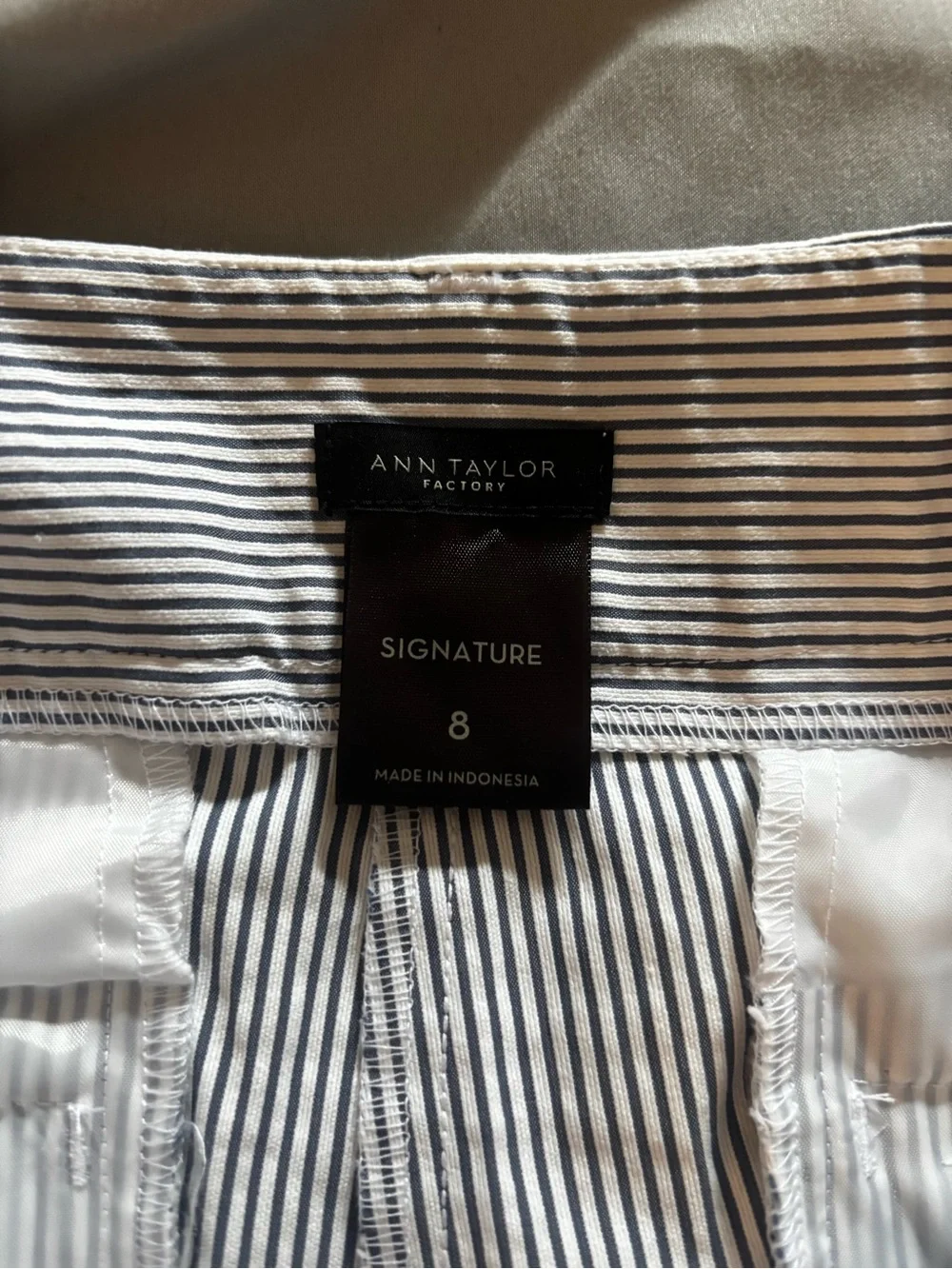 Ann Taylor Factory Signature Seersucker Ankle Pants Size 8 Blue & White Stripe